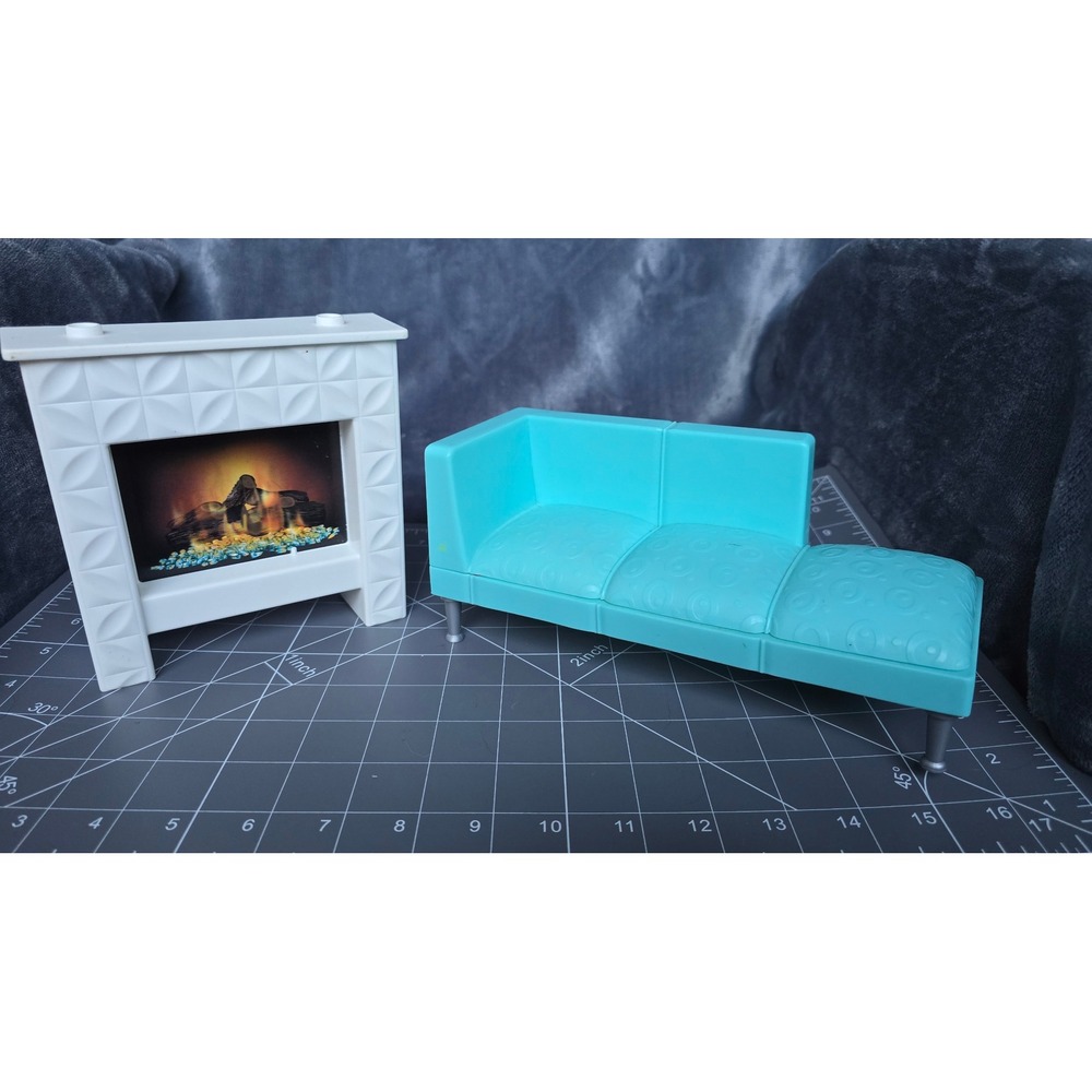 Barbie Dollhouse Furniture Set Teal Chaise Lounge Sofa and White Fireplace